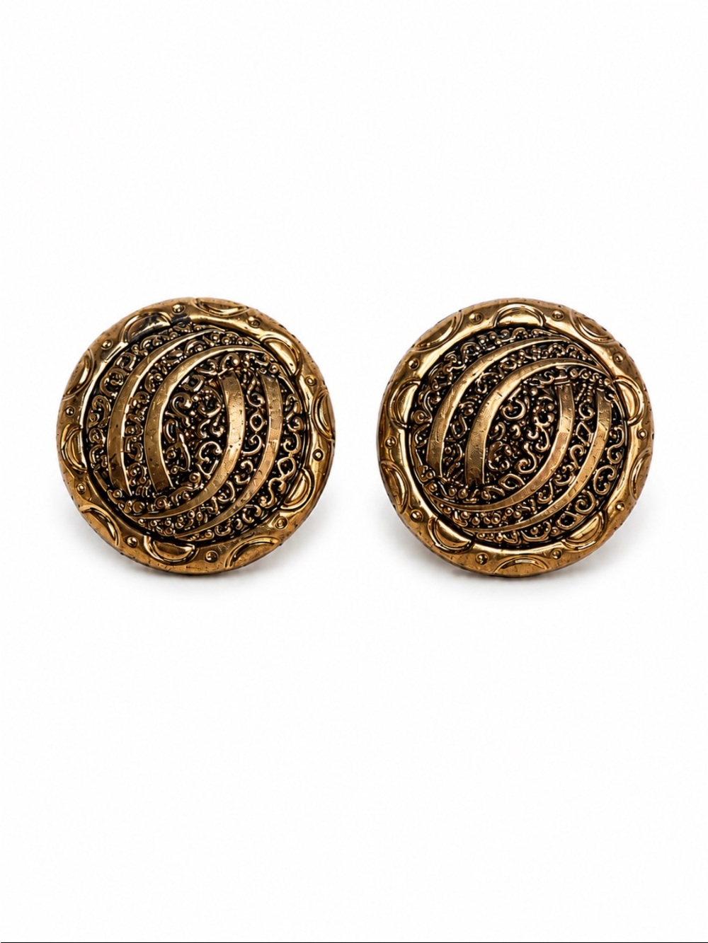 Ornate Gold Tone “VTG” Round Clip-On Statement Earrings